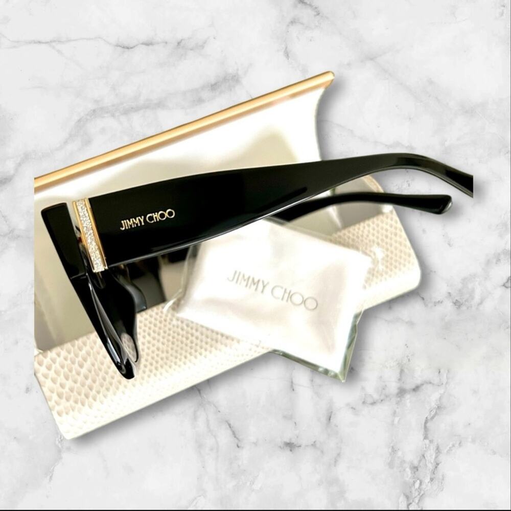 Jimmy Choo Leela/S 55mm Luxury Glossy Black Sunglasses with Gold and Sparkles - Picture 2 of 5